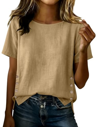Maglietta Donna Eleganti Cotone e Lino Elegante Manica Corte Blusa Causal Chic Estiva Taglie Forti Camicia Tinta Unita Scollo a V per la Primavera e L'Estate Leggera Confortevole e Traspirante