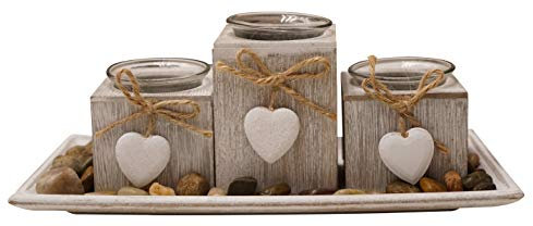 khevga Shabby Chic Grey Provence Heart Tealight Holder set of 3 (Light Grey Small)