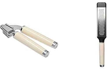 KitchenAid Garlic Press Crusher, Strong Stainless Kitchen Utensil, Removable Basket, Almond Cream + KitchenAid Etched Cheese Grater, Stainless Steel Two-Way Paddle Fine Grater – Almond Cream