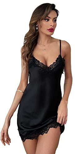 GORGLITTER Women's Lace Trim V Neck Satin Chemise Nightgown Sleeveless Full Slips Babydoll Nightwear Black M