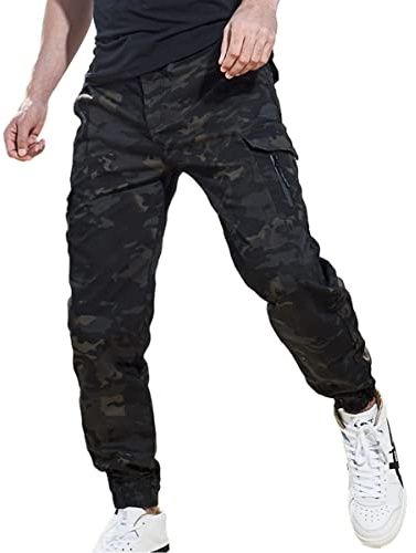 HARGLESMAN Mens Fashion Joggers Pants Military Tactical Style Cargo Trousers Casual Hiking Bottom Sports Long Sweatpants Workout Track Pants for Gym Training Work Black Camo M
