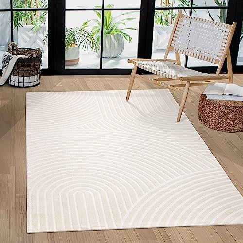Paco Home Teppich Wohnzimmer Schlafzimmer Modern Kurzflor Skandinavisches Boho Muster Regenbogen japandi Geometrisch 3D Effekt Creme, Grösse:240x340 cm, Farbe:Creme 6