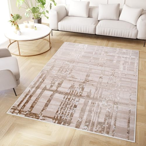 TAPISO Crystal Tappeto Pelo Corto Lucido Effetto 3D Design Moderno Motivo Astratto Geometrico Linee Sfumature Tonalità Marrone Beige Soggiorno Sala Camera OEKO-TEX 80 x 150 cm