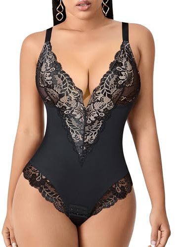 YARRCO Body Reductor Mujer Adelgazante Tanga Escote V Body Moldeador de Encaje Faja Reductoras Control de Abdomen Posparto Shapewear Bodysuit Sin Costuras