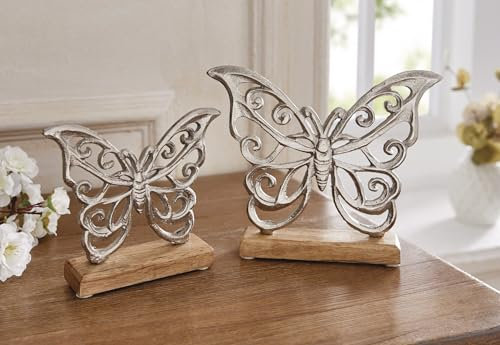 Dekoleidenschaft 2X Schmetterling Silber aus Aluminium im Antik Look & Mango Holz, Frühlings-Deko, Dekofigur, modernes Figurenset für Wohnzimmer, Küche, Fensterbank, Butterfly