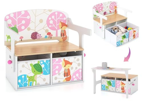 GOPLUS Mesa y Silla Infantil 3 en 1, Banco para Maletero para Juguetes de Madera con Tapa, Respaldo, Caja de Almacenamiento, Mesa de Actividades para Niños de 3 a 7 Años, para Dormitorios Guarderías