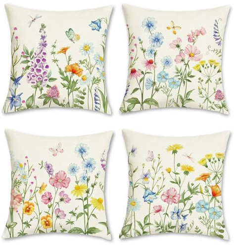 Bonhause Garden Floral Cushion Covers 45 x 45 cm Colorful Flowers Leaves Decorative Throw Pillow Covers for Sofa Couch Bed Home Outdoor Spring Summer Decor Set of 4