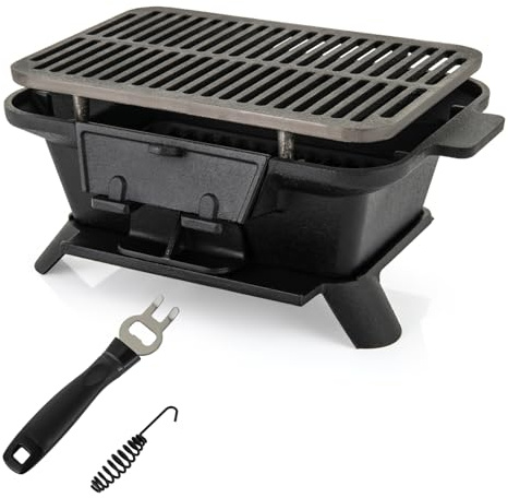 Barbecue portatile a carbonella in ghisa, barbecue da tavolo con griglia bifacciale, controllo dell'aria e porta a carbone, barbecue all'aperto per campeggio, picnic e feste