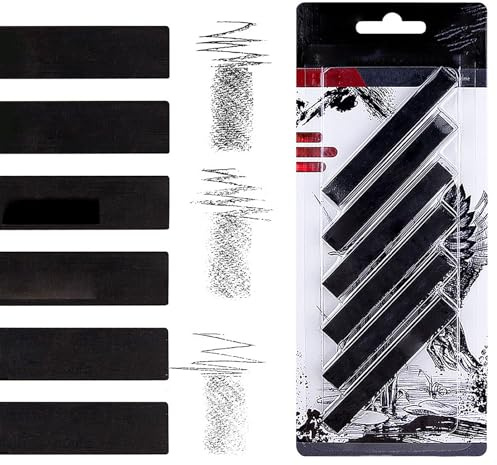 RLMVGBX 6 Pack Drawing Charcoal - Square Black Art Sticks, Soft Medium Hard Assorted for Sketching, Shading & Artist Sketch