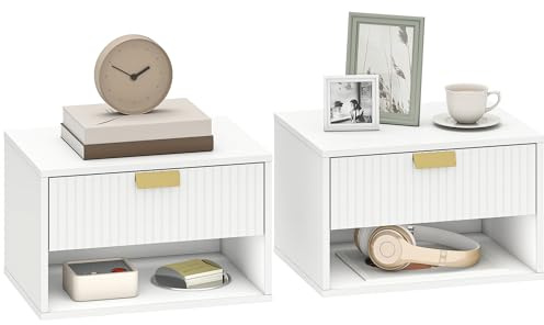 HOMCOM Juego de 2 Mesitas de Noche Flotantes, Mesillas de Noche con Cajón con Frente Ondulado y Estante Abierto, Diseño Moderno, para Dormitorio, 40x30x25 cm, Blanco