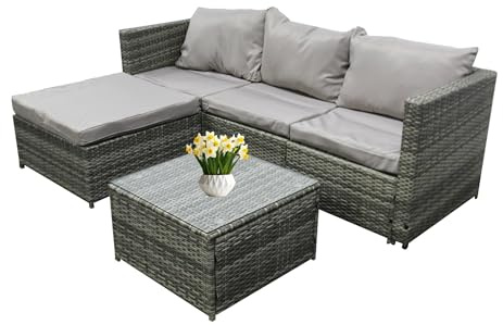 Grennswick 4-Seater All-Weather Rattan Corner Sofa Set With Tempered Glass Coffee Table, Ottoman - L-Shaped Patio Garden Furniture (Mix Grey Rattan+grey Cushion)