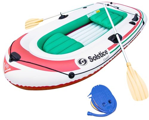 SOLSTICE Inflatable Boat for Lakes, Rivers & Beaches – Heavy-Duty Raft with Swivel Oar Locks, Rod Holders & Inflatable Seats – Voyager, Fishing, Full Kit Includes Oars & Pump, 4-Person, Brown, 8'6
