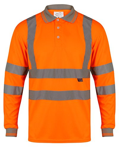 HuntaDeal Hi Viz Long Sleeve Polo Shirt High Visibility Reflective Tape Workwear for Safety & Security | Breathable Lightweight Double Tape Hi Vis T Shirt for Men & Women Orange