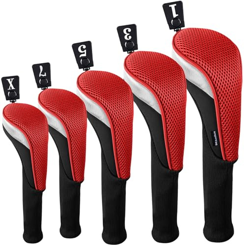 Andux 5pcs/Set Mesh Golf 460cc Driver Fairway Wood Club Head Covers Long Neck with No. Tags Black/Red