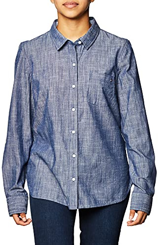 Tommy Hilfiger Women's Chambray Roll Tab Button Down Shirt, XS
