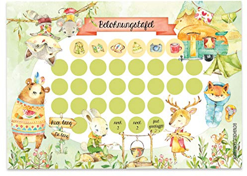 Papierdrachen Juego de tablero de recompensa para niños como bloc de 10 hojas, concepto motivador como ayuda educativa, con fantásticas pegatinas para niños y niñas, diseño de camping 8