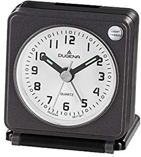 Dugena Quarz-Reisewecker 4460949, mit Weckzeiger, Weckwiederholung, Zifferblattbeleuchtung, ansteigendes Wecksignal, Klappetui, Maße 7 x 6 x 3,3 cm
