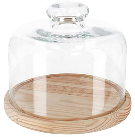 Cloche à fromage ronde avec couvercle en verre et base en bois - 20 x 10 cm - Récipient pour conserver des fromages frais ou des charcuteries