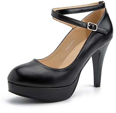 Women's Platform High Heels Closed Toe Pumps Strappy Cross Ankle Strap Shoes, Matte Black, 9.5