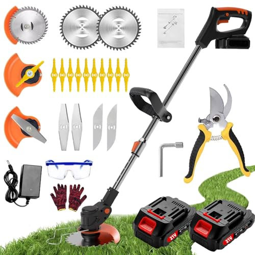 Gompuy Strimmer, Cordless Garden Strimmer with Blades, Grass Trimmer 90° Head Adjustment, Electric Strimmer with 2 X 21V Battery and UK Charger, Brush Cutter is Suitable for Small and Medium Gardens