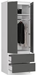 BDW Armadio con 2 ante, armadio a 2 ante, 2 cassetti - Armadio portaoggetti - Armadio moderno per camera da letto, soggiorno, ingresso, camera dei bambini - 180 x 60 x 51 cm - Bianco Grafite Grigio
