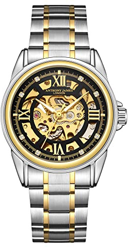 Anthony James Limited Edition Skelet automatisch stalen en Witte herenhorloge - Met de Hand geassembleerd (Zweifarbiges Gold und Stahl)