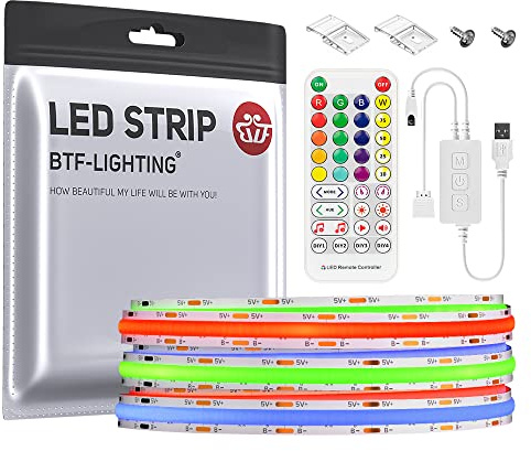 BTF-LIGHTING FCOB RGB USB LED Streifen Kit 1M 576LEDs/m COB FOB RGB DC5V IP30 Nicht Wasserdicht LED Strip mit SP613E-USB Controller und 2pc Befestigungsclips und Schrauben für DIY Heimdekoration