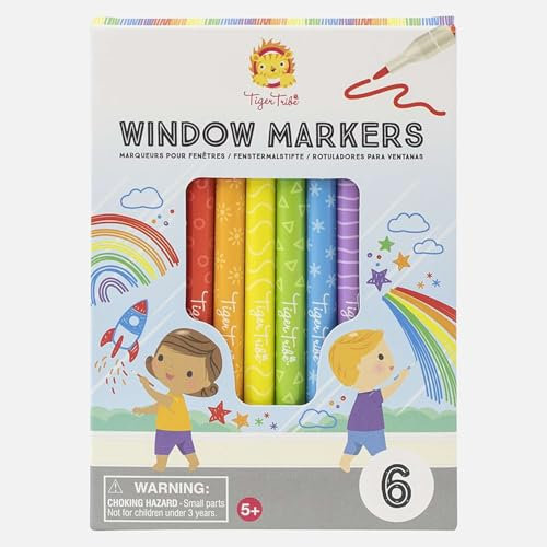 Tiger Tribe Window Markers - 6 Piece Window Pens For Glass Washable, Window Art, Colouring Pens For Kids, Dry Erases Off, Non-Toxic, Ages 3+