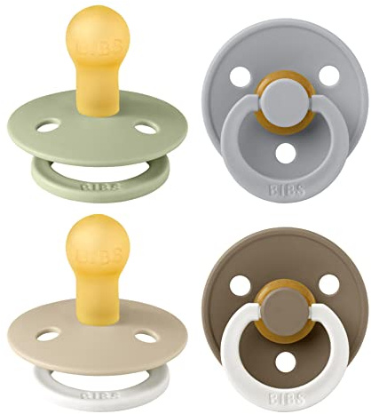 BIBS Colour Glow Dummy, 0-6m, 4-Pack, Sage/Cloud/Vanilla Glow/Dark Oak Glow | Natural Rubber Latex | Size 1 | BPA-Free | Made in Denmark | Glow Handle | High Teat Acceptance | Airflow Holes