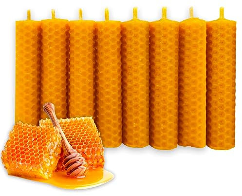 LAMARE Bougie Miel d'Abeille Naturel 100% Pure Cire d'Abeille (Pack de 8 Basic, longueur 10 cm - diamètre 2 cm) - SANS PARAFFINE - 100% fait main et naturel
