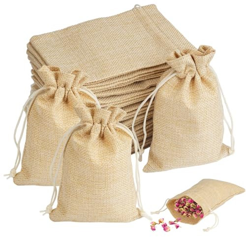 30 Piezas Bolsas de Yute con Cordón Ajustable, 15×10cm Bolsas de Lino con Cordón, Bolsitas de Tela Reutilizable, Mini Bolsas de Arpillera, Bolsas de Yute Pequeñas para Joyas, Regalos (Natural)