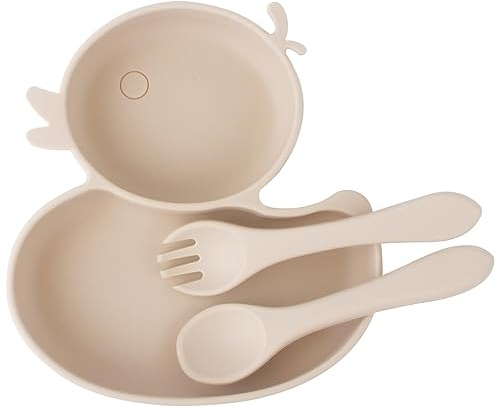 nohlerlife Baby Teller mit Saugnapf, kinderteller mit Saugnapf mit Löffel+Gabel, BPA-Freie Baby Geschirr Silikon Kann in der Spülmaschine und Mikrowellem (Beige)