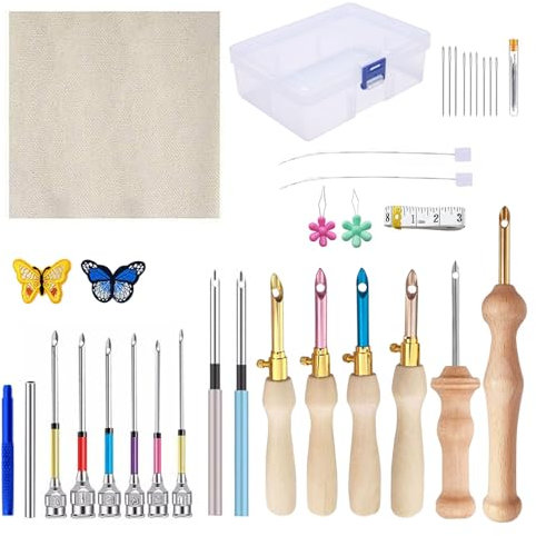 35 Stück Stanznadel Set, Holzgriff Stickstifte Verstellbarer Teppich Garn Stanznadel, Wollfilzwerkzeug Set, Punch Needle Set für Diy Filzprojekte Anfänger