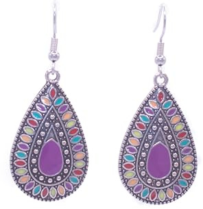 Pendientes Bohemio Vintage de Plata Tibetana y Acero Inoxidable Plateado. Pendientes Redondos Mujer Colgantes Llamativos. Aretes Mujer Esmaltado Colorido. Ideal para regalar. Regalo Original (Gota)