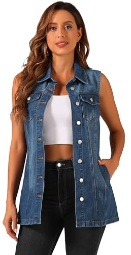 Allegra K Gilet da Donna Demin Gilet Abbottonato senza Maniche con Gilet di Jeans Medio-lungo Blu Scuro M