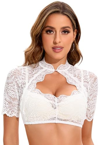 Adisno Dirndl Bluse Damen,Dirndlbluse Spitze,Dirndlbluse,Stehende Dirndlblusen mit Besonderen Aussparungen auf der Brust. (DE/NL/SE/PL, Numerisch, 42, Regular, Regular, Weiß)