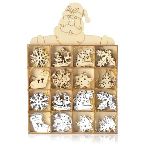 com-four® Juego de 48 Colgantes de Madera para árbol de Navidad, Adornos Naturales para Colgar (48 Piezas - Papá Noel Natural/Blanco)