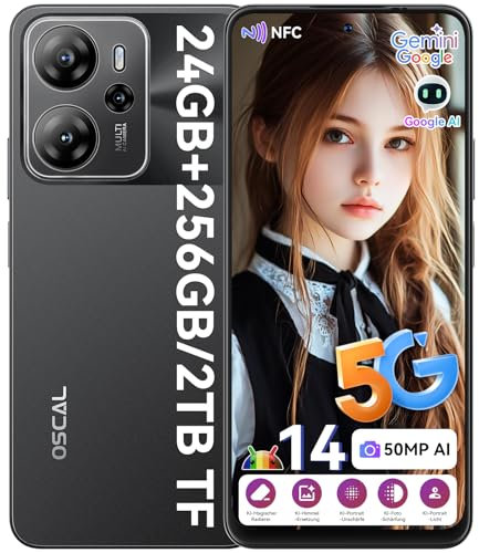 OSCAL Tiger 13 5G Handy ohne Vertrag Gemini AI 24GB+256GB/2TB, Android 14 Smartphone ohne Vertrag 6.67 HD+ 90Hz, 50MP AI Kamera, 4K Video, 5000mAh/Schnellladung/OTG, Dual SIM/Face ID/Fingerprint/NFC