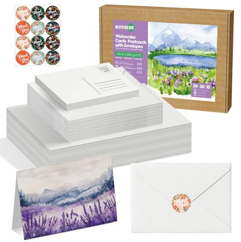 KOVIEDE 30 Pack Blank Foldable Watercolor Cards with Envelopes 5x7, 10 Sheets Watercolor Postcards, 140lb/300gsm Heavyweight 100% Cotton Cards for Painting, Greeting, Birthday Valentine