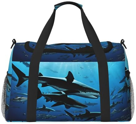Borsa sportiva da donna con stampa di squali martello, borsa da palestra con scomparto, borsone da uomo, da donna, borsa da viaggio per il fine settimana, Nero , Taglia unica