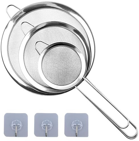 Set di Setaccio da Cucina, 3 Pezzi Colino Acciaio Inox Maglia Fine,Filtro Maglia fine con Maniglia,Filtro per Pasta, Riso, Verdura, Setacciare Farina (8/12/16 cm)