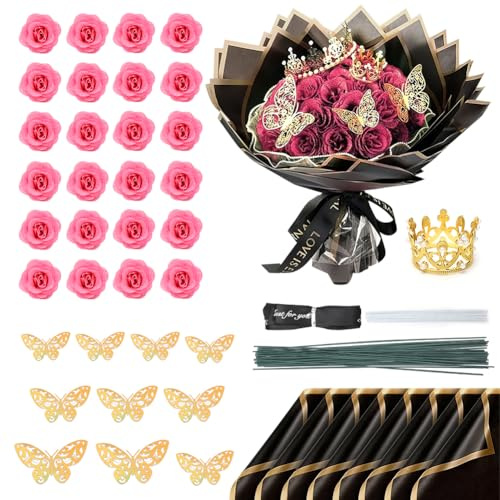 Bouquet di Rose con Glitter fai da te, 24 Pezzi, con Corona per Matrimonio, Anniversario, Fidanzamento, Compleanno, Natale, San Valentino