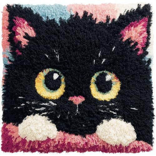 Henypt Kit Cuscino Con Gancio Di Chiusura, Animale Gatto Nero Kits Gancio di Chiusura Fai Da Te Cuscino Fatto A Mano All'Uncinetto Ricamo,43x43cm