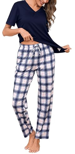 Aseniza Pyjama Femme Ete – Ensemble de Pyjama Femme Léger et Confortable en Coton, Col en V et Pantalon Long à Carreaux, Parfait pour Les Soirées Détente à la Maison,Bleu Marine B#,L