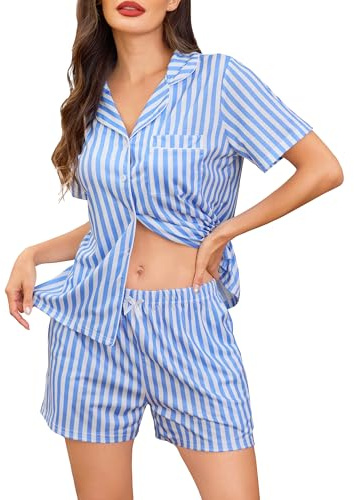 Wikoan Pigiama Donna Set Pigiama Estivo 2 Pezzi Maglietta e Pantaloncini Abbigliamento da Casa Traspirante e Confortevole,Strisce Blu,L