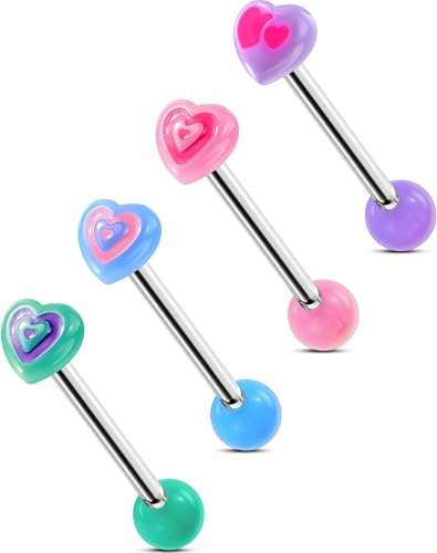 OUFER 4 Pièces Cœur Étoile Piercing Langue 316L Acier Chirurgical Acrylique Piercing à la Langue Arc-en-Ciel 14G 16mm pour Femmes Hommes