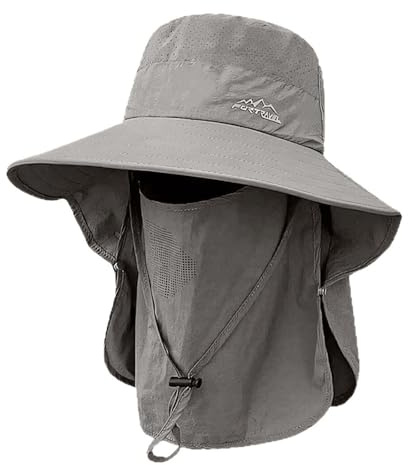 Mens Sun Hats UK UPF 50+ Wide Brim Bucket Hat with Detachable Face Cover | and Neck Flap Adjustable Breathable Safari Boonie Hat for Outdoor Hiking Fishing