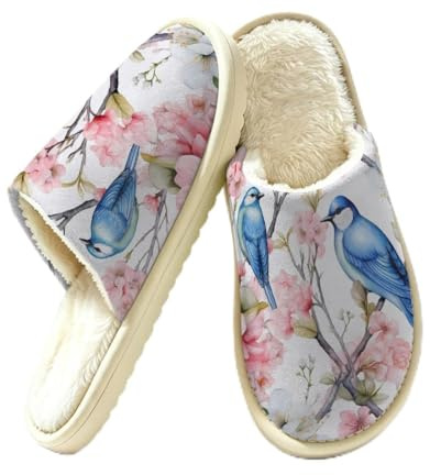 Dusviba Pantuflas de interior con diseño de árbol de pájaros y flores para mujeres y hombres, pantuflas cálidas con forro de felpa para dormitorio, con suela gruesa antideslizante de EVA, zapatos