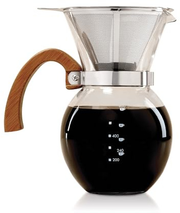 Fino Pour-Over Coffee Maker, Borosilicate Glass and Bamboo Handle, Stainless Steel Filter, 4-Servings, 22-Ounce Capacity