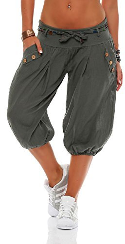 Malito - Kurze Haremshose - Unisize Pumphose aus Baumwolle - Leichte Stoffhose - Bequeme Sommerhose für warme Tage - Dünne Aladinhose 3416 (Oliv)